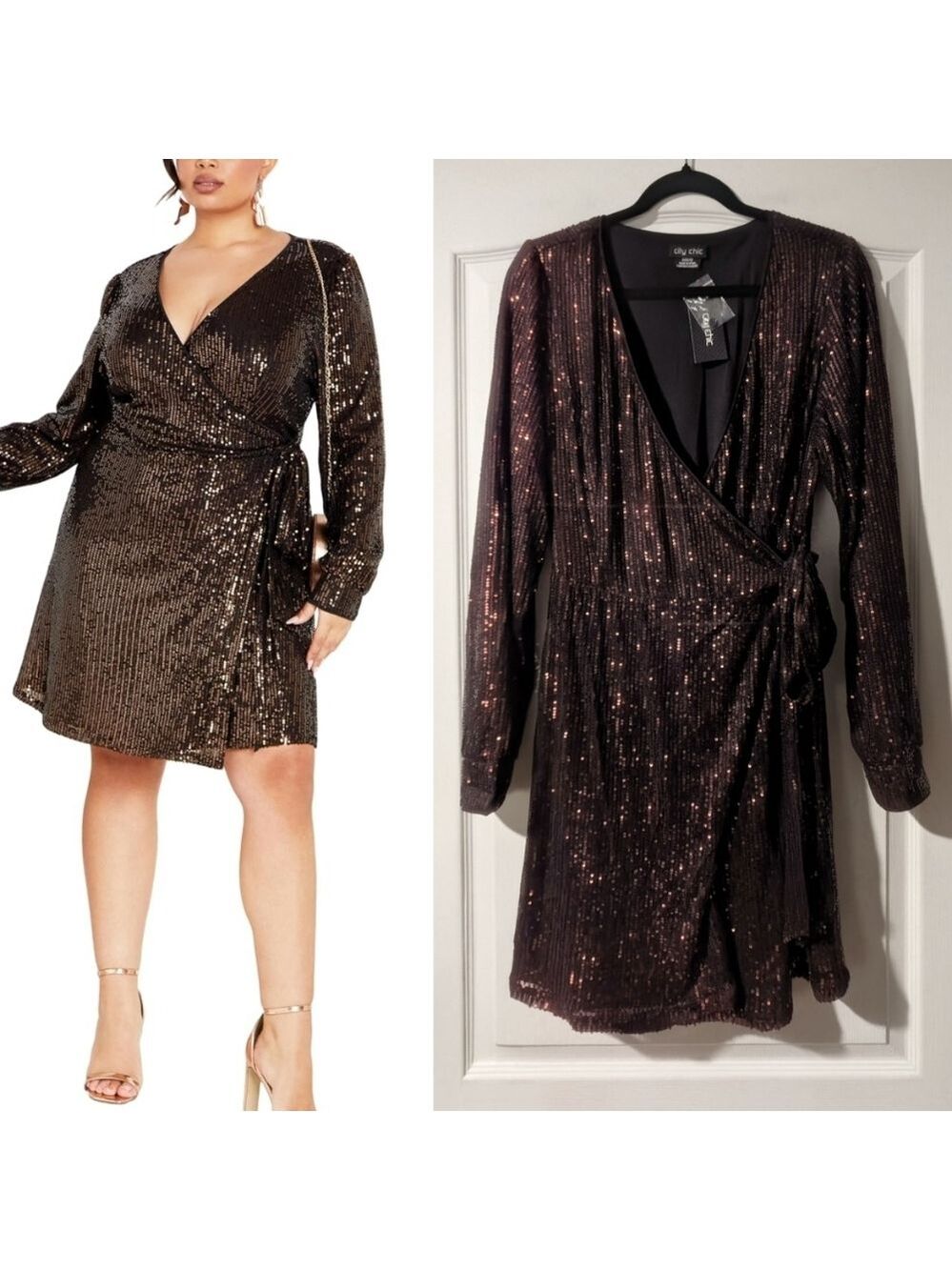 City Chic | Party Glow Wrap Dress In Bronze Sequins